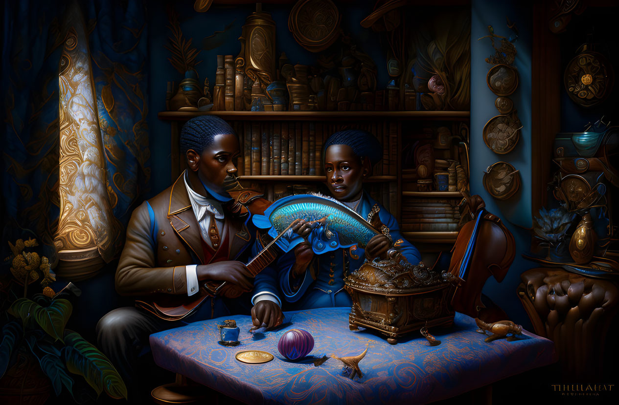 Victorian Attired Individuals with Steampunk Device in Antique Setting