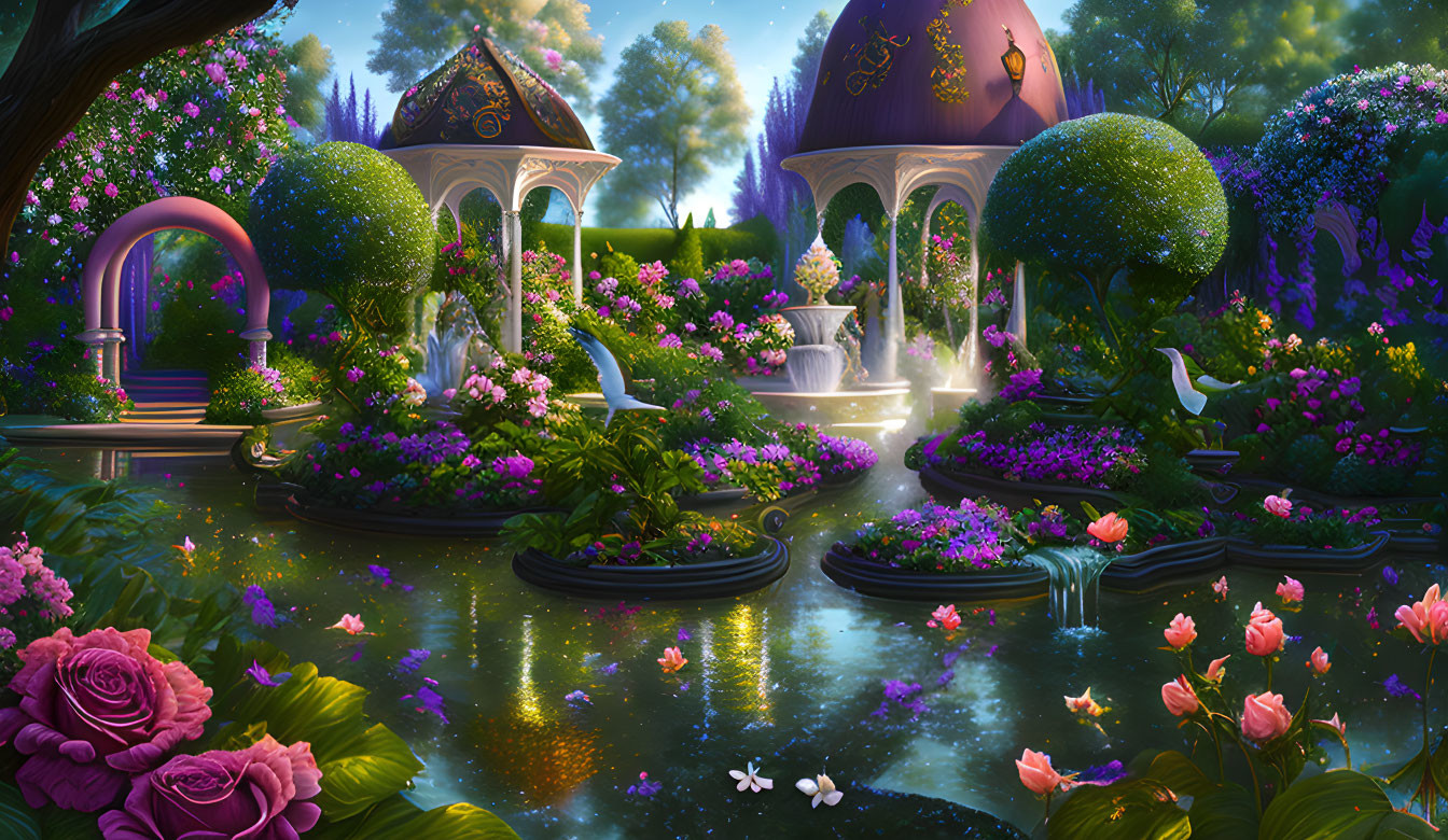 Twilight magical garden with illuminated domes, vibrant flowers, serene pond
