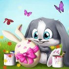 Grey Cartoon Rabbit Cuddling White Toy Among Flowers