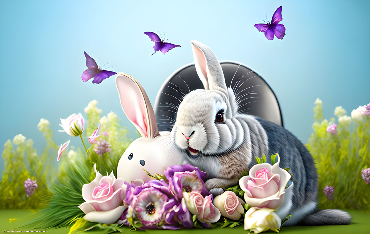 Grey Cartoon Rabbit Cuddling White Toy Among Flowers