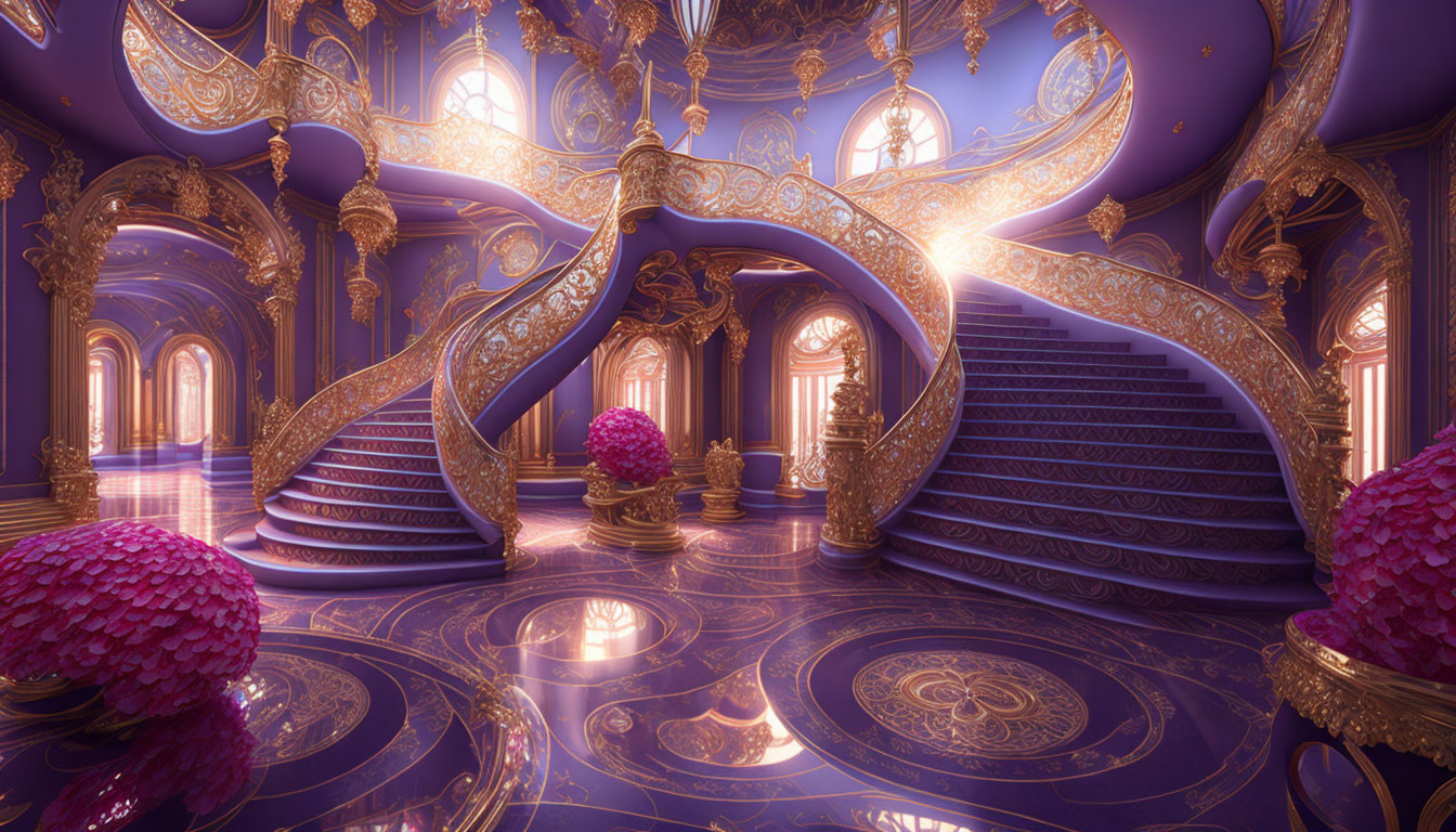 Luxurious Purple and Gold Interior with Ornate Staircases and Floral Arrangements