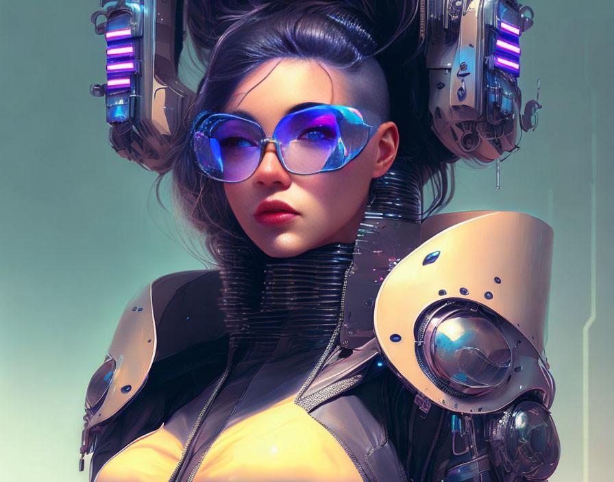 Woman with Cyberpunk Hairstyle and Futuristic Suit in Blue-tinted Sunglasses