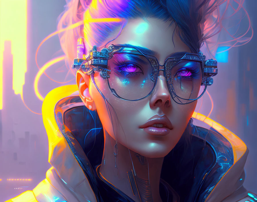 Digital artwork of woman in cyberpunk goggles with neon lights and futuristic attire in cityscape.