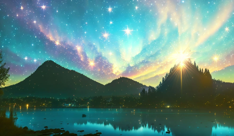 Starry night sky over serene lake with forested mountains