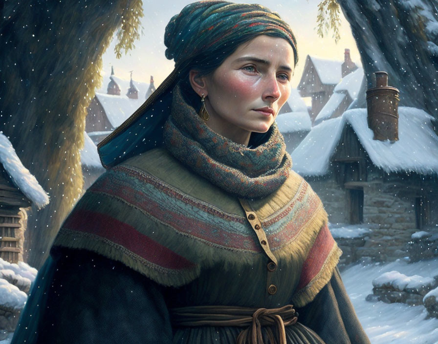 Historically dressed woman in snowy village with colorful shawl.