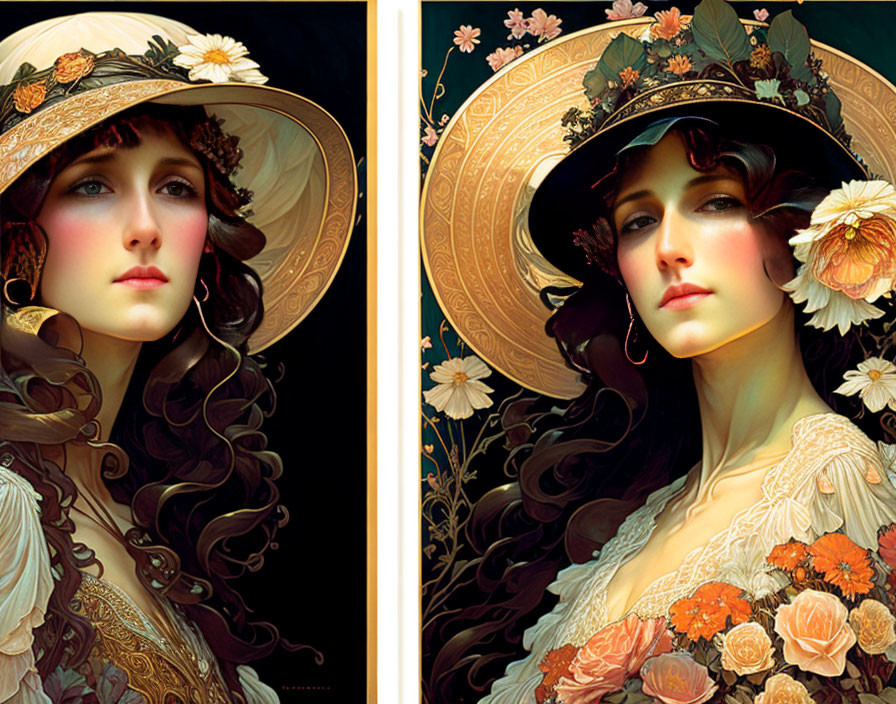 Digital artwork: Woman with floral hat, wavy hair, and flower dress portraits side-by-side