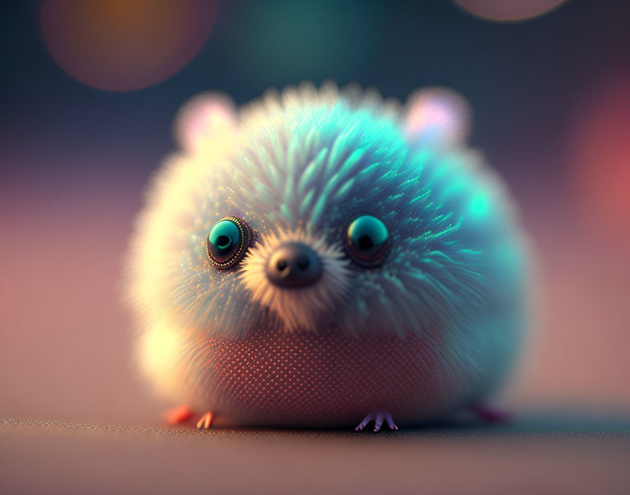 Fluffy Blue Round Creature with Big Eyes on Colorful Bokeh