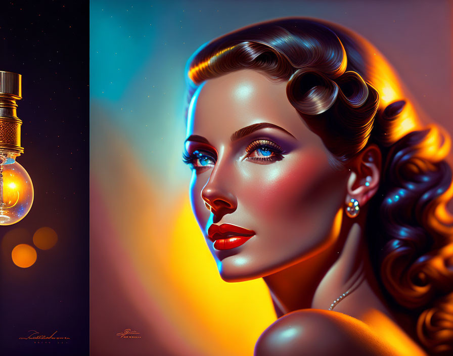 Digital portrait of woman with blue eyes, red lips, wavy hair, and light bulb on dark