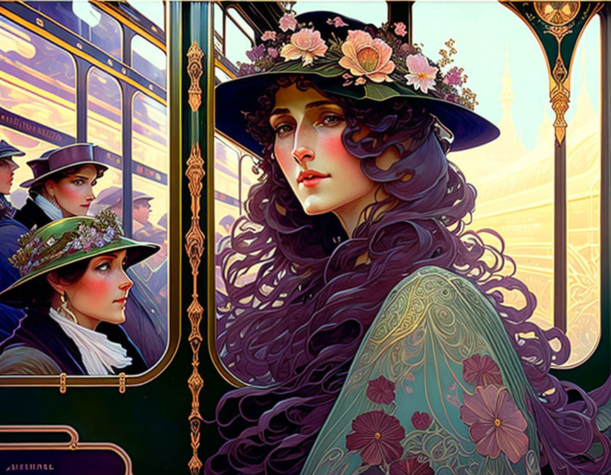 Stylized illustration of woman with purple hair in vintage train