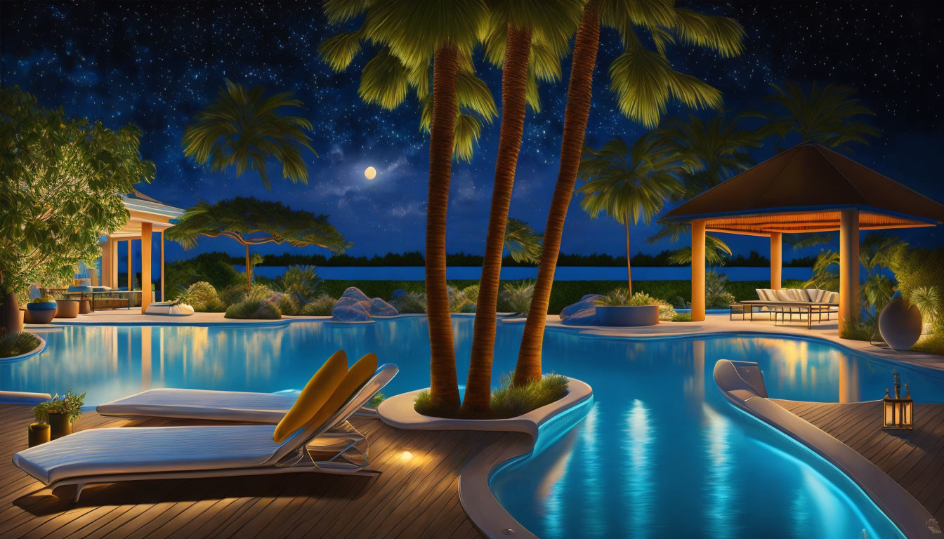 Night-time resort scene with pool, palm trees, loungers, gazebo, starry sky,