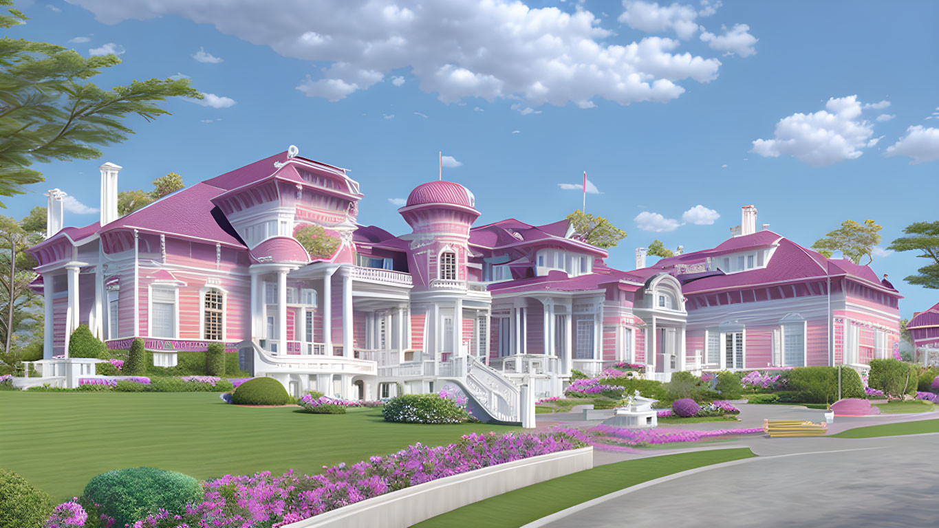 Large Pink Mansion with White Trim and Multiple Balconies in Manicured Gardens