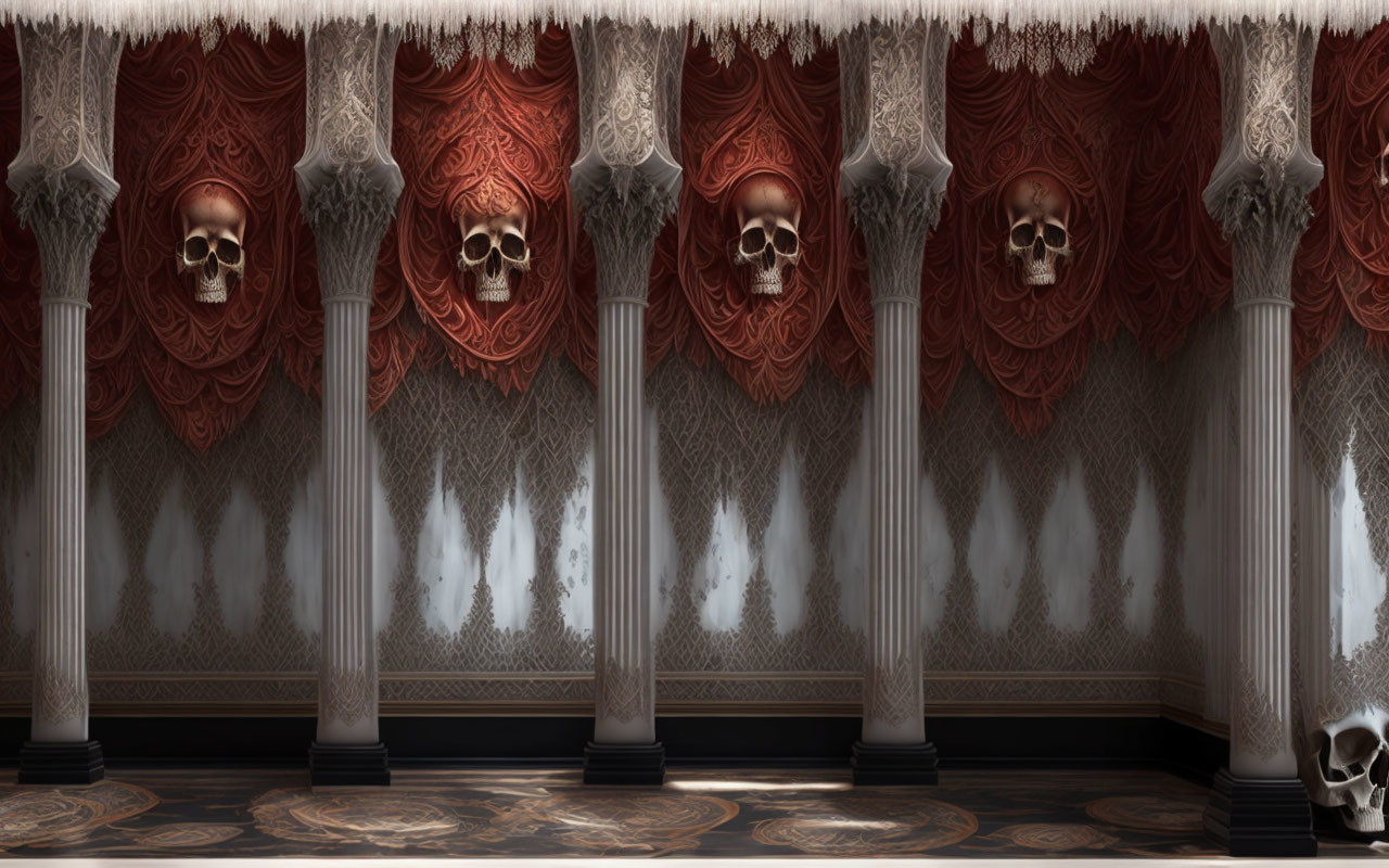 Dark Gothic Room with Ornate Columns, Skull Decor, Red Patterns, and Detailed Floor