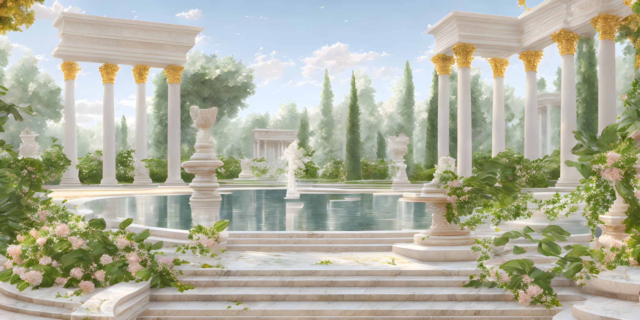 Classical garden with marble pillars, reflective pool, lush greenery, blooming flowers