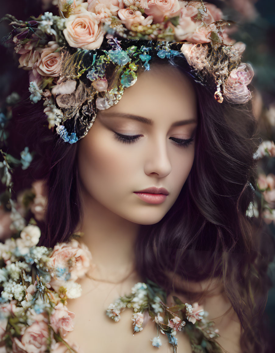 Woman with long hair and floral crown in serene setting