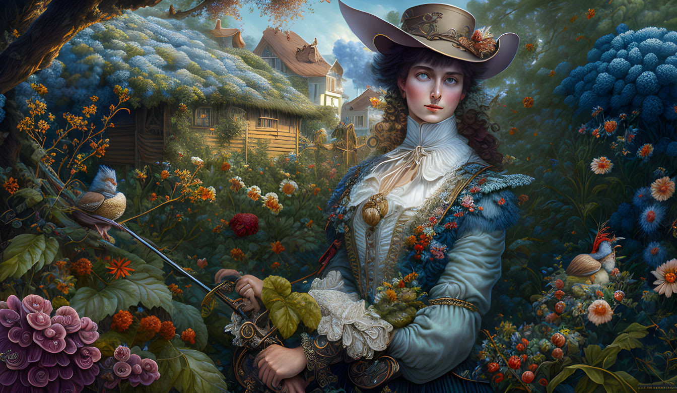 18th-Century Woman in Tricorne Hat Surrounded by Flowers and Cottage