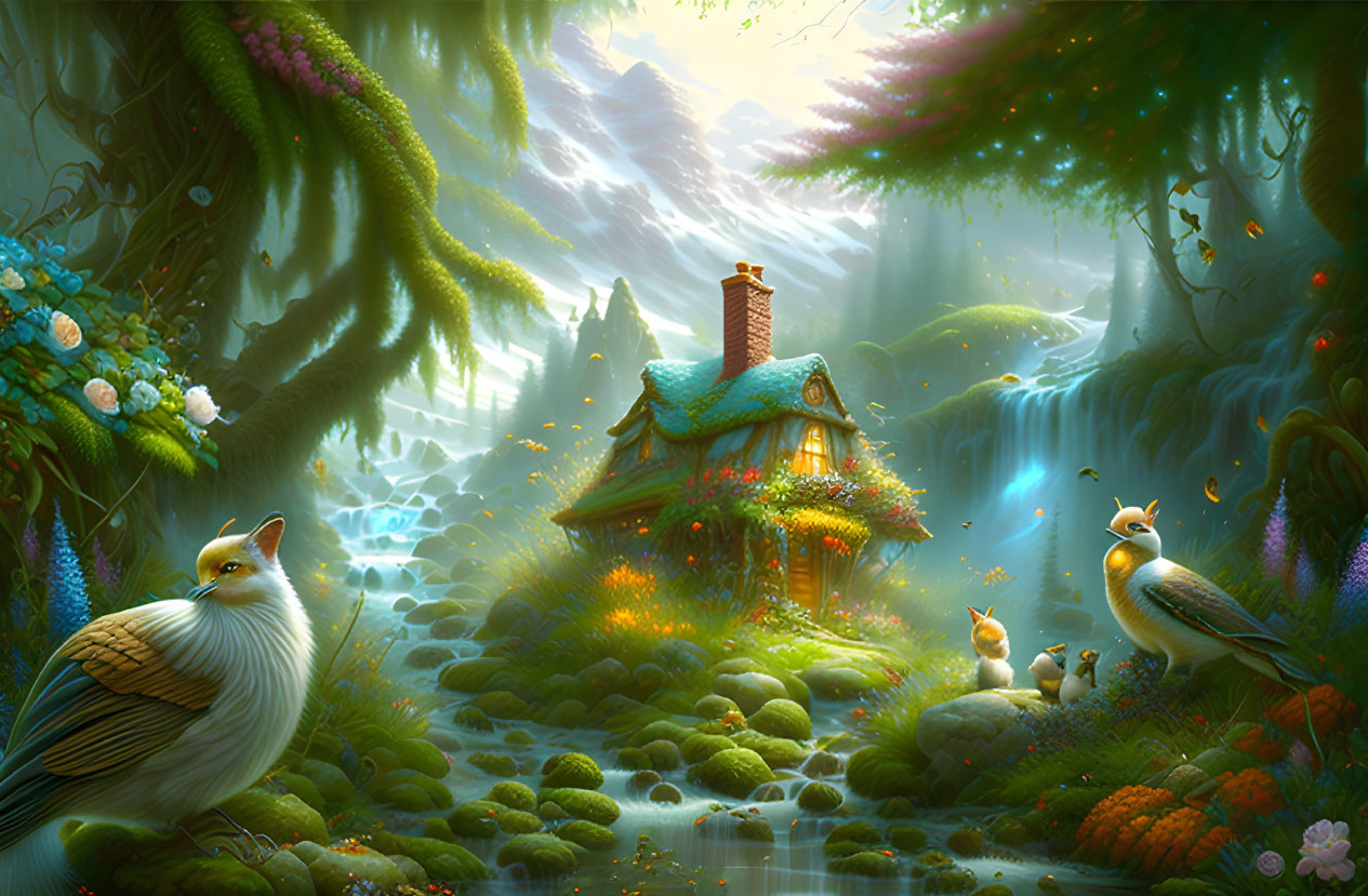 Enchanting forest scene with cozy cottage, vibrant flowers, majestic cat, and serene setting