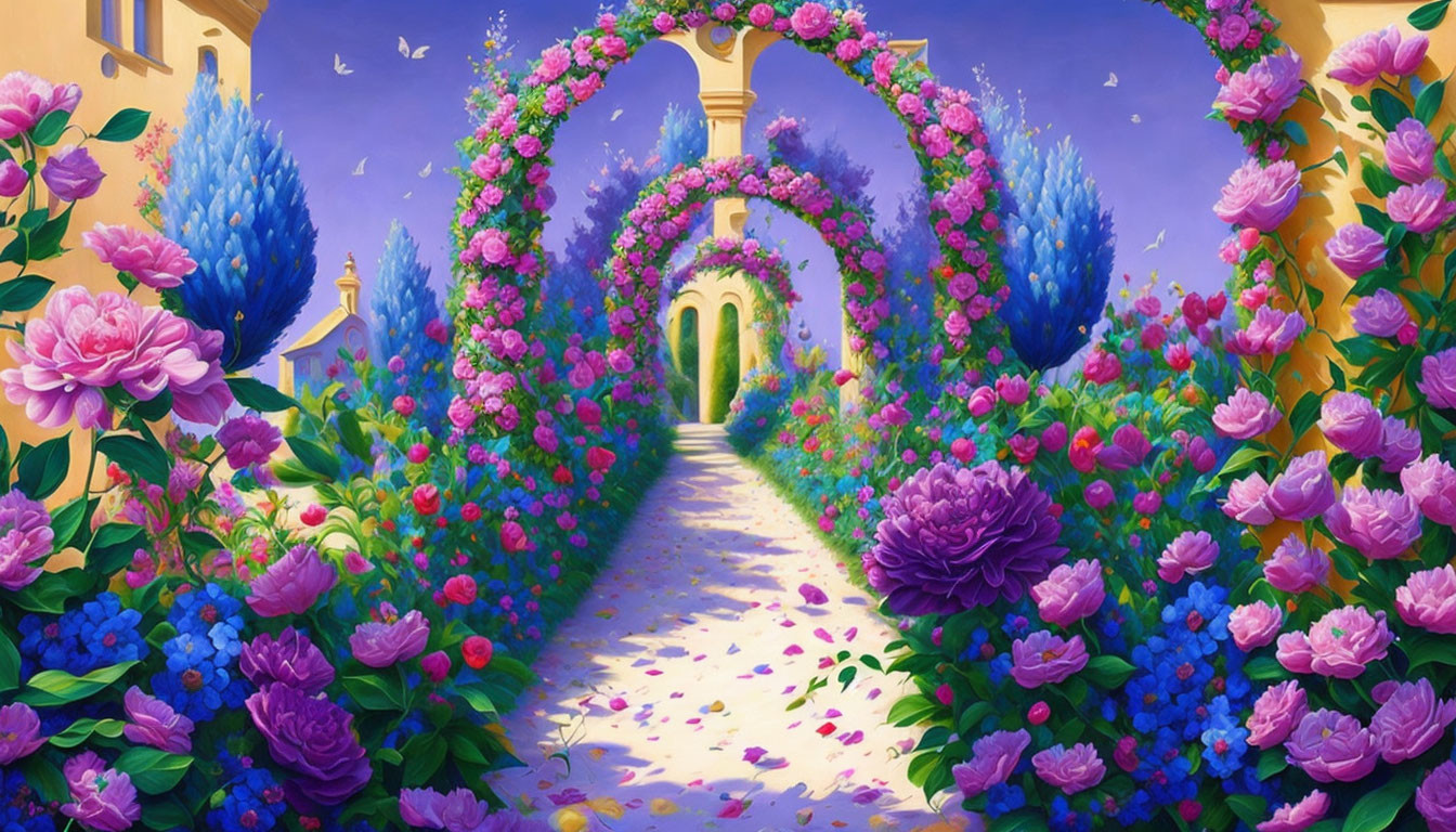 Lush Pink and Purple Flower Garden Pathway to Yellow Villa