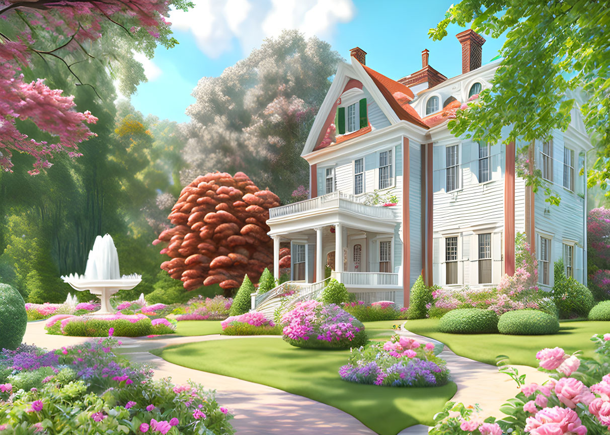 White two-story house with porch, gardens, pink flowers, hedges, and fountain under sunny sky