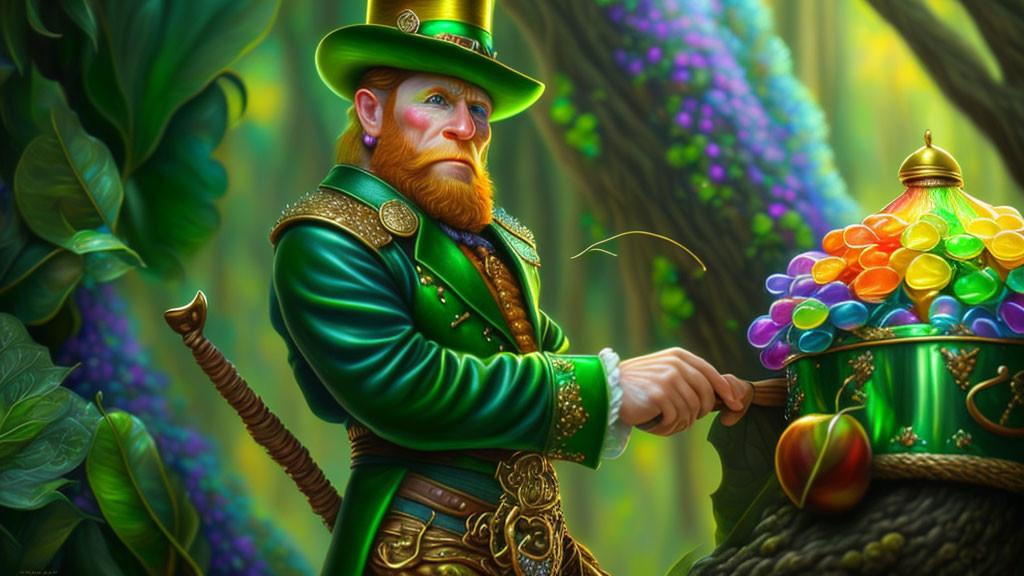 Colorful Leprechaun with Pot of Jewels in Enchanted Forest