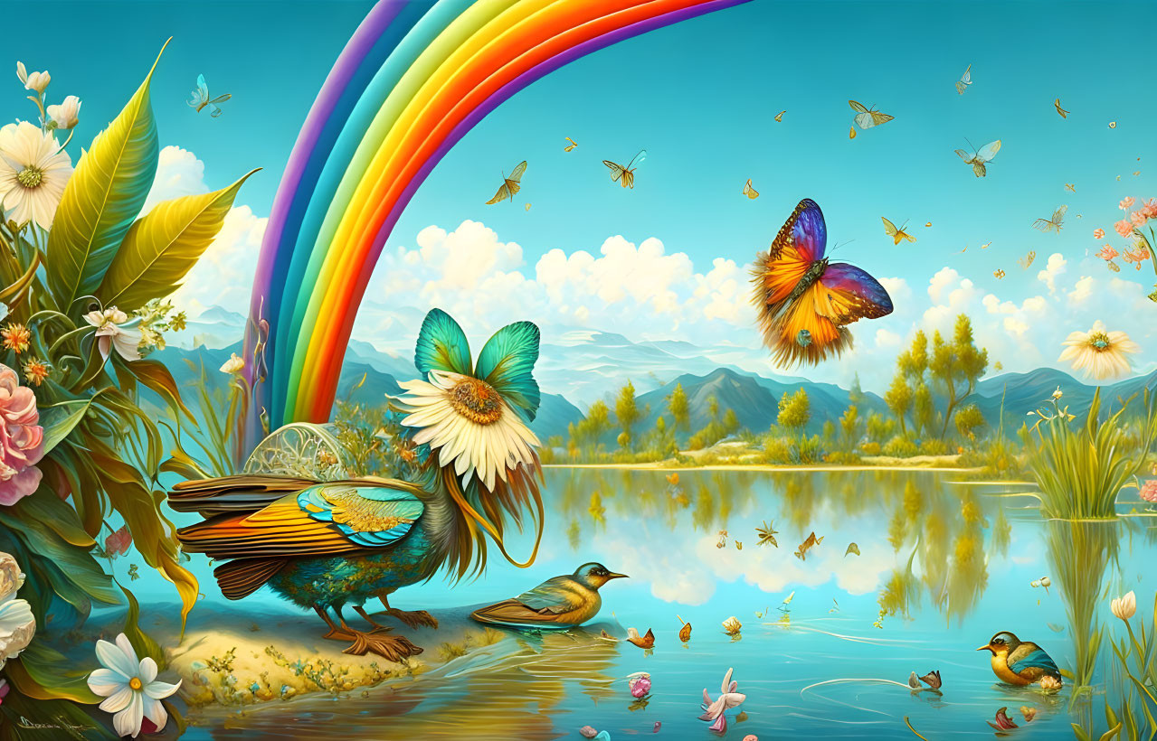 Colorful Fantasy Landscape with Flowers, Peacocks, Ducks, Butterflies, and Rainbow