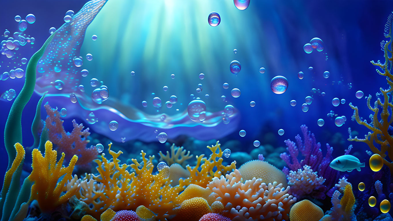 Colorful coral, fish, and bubbles in underwater scene