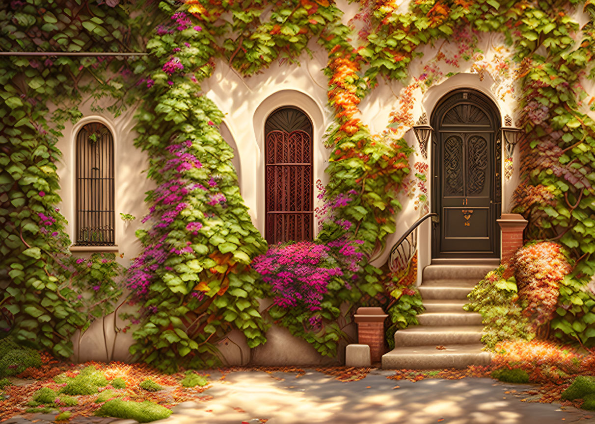 Home entrance with ivy, flowers, and autumn leaves.