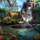 Enchanting forest scene with waterfall, river, lush flora, boat, and whimsical animals