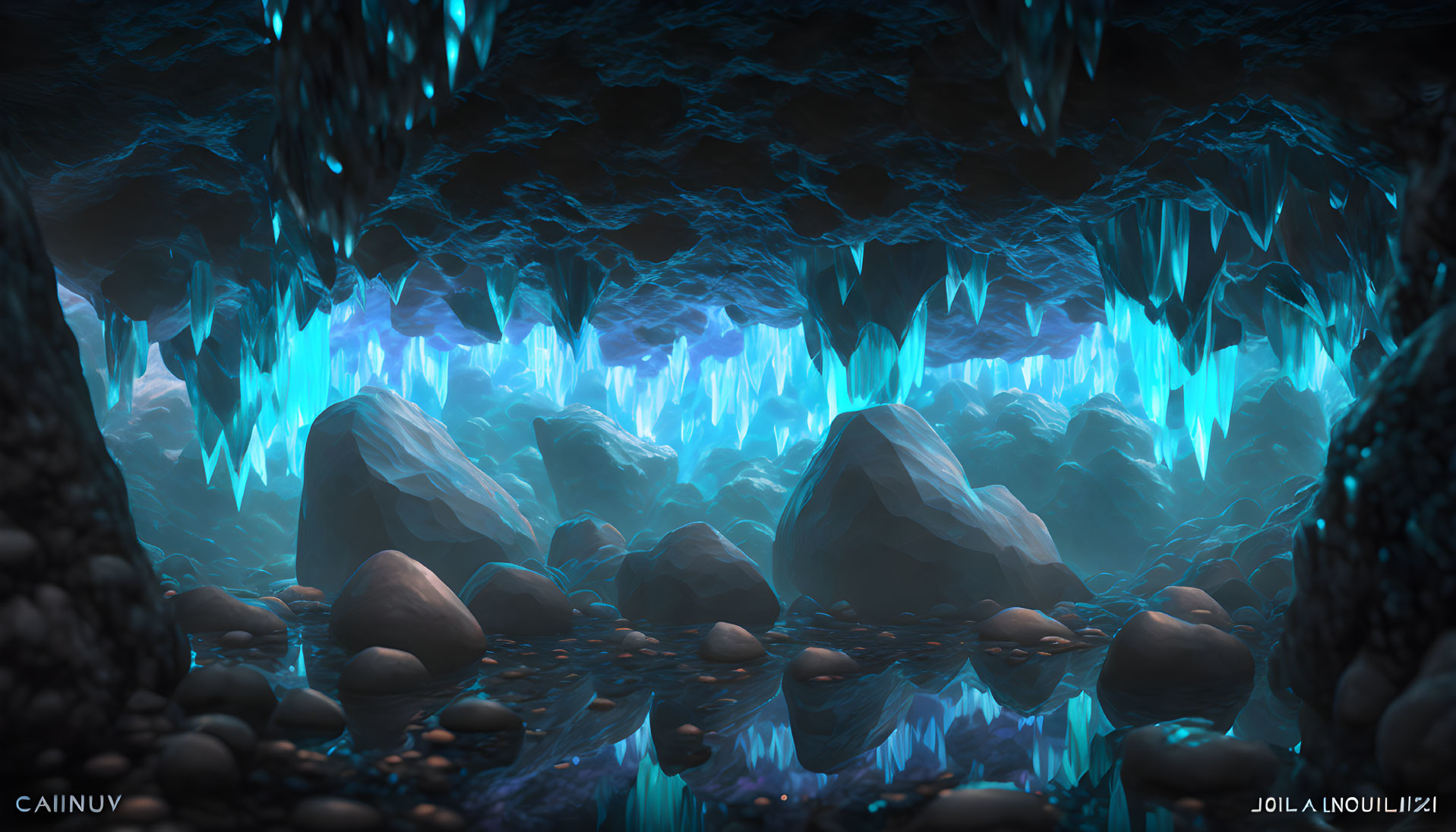 Mystic underground cave with glowing blue crystals, stalactites, and reflective water surface.