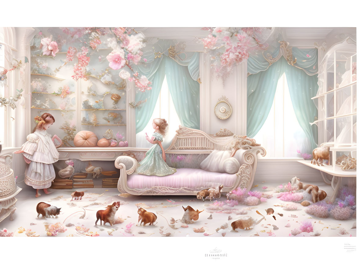 Whimsical illustration of girl with puppies in floral-themed room