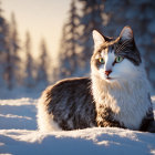White cat with yellow eyes in snowy landscape beside wooden structure
