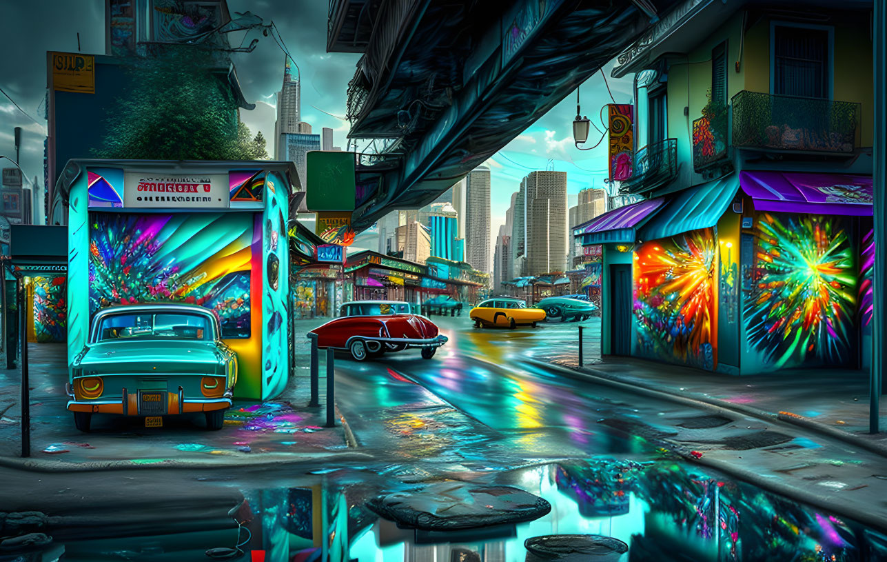 Colorful cityscape with classic cars, neon lights, and reflections on wet street under overpass