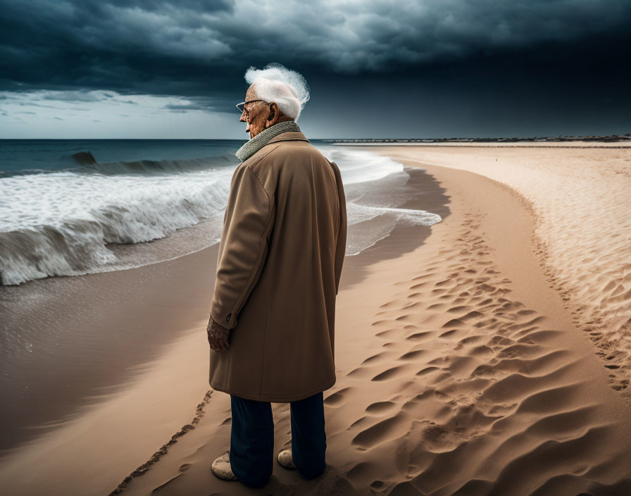 Elderly person on sandy beach gazes at stormy sea under dramatic sky