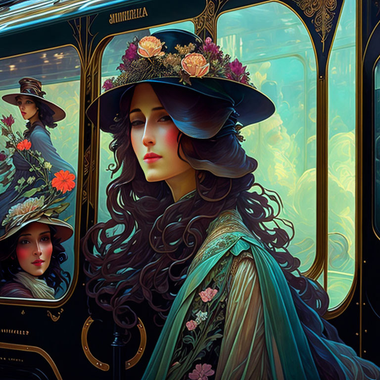 Detailed illustration of elegant woman with curly hair and floral hat against ornate backdrop