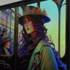 Vintage Green Dress Woman on Decorated Train with Elegant Passengers