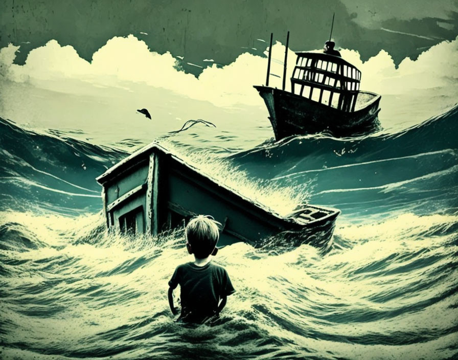 Boy in stormy seas with sinking ship, dramatic clouds, and birds.