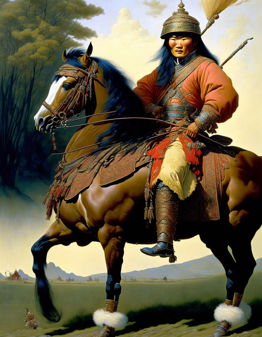 Mongolian warrior on horseback with spear in traditional armor