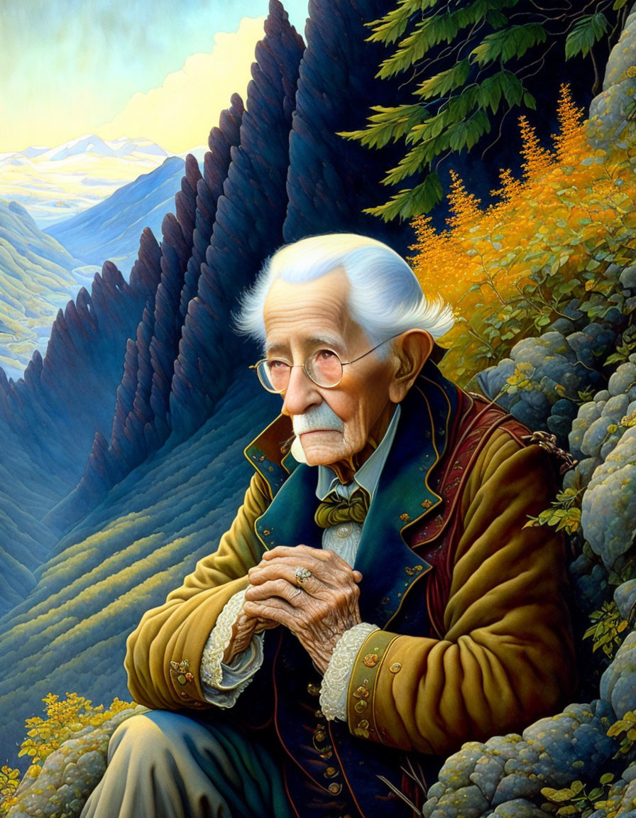 Elderly man with white hair and mustache sitting in vibrant mountain landscape