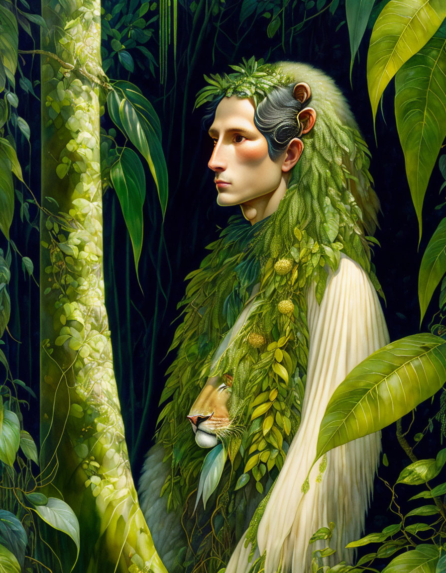 Person with Leafy Green Hair and Jungle Attire in Fantastical Portrait