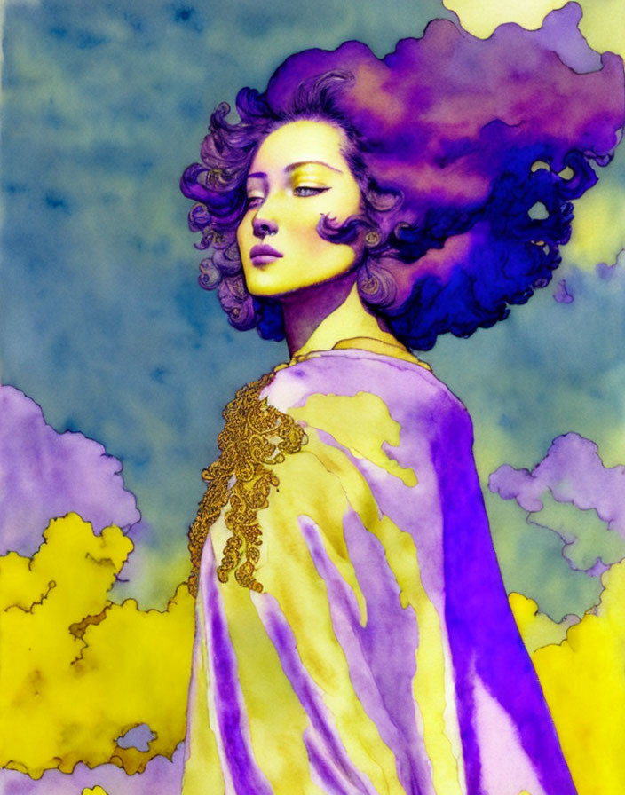 Woman with curly hair in gold cloak blending into purple clouds