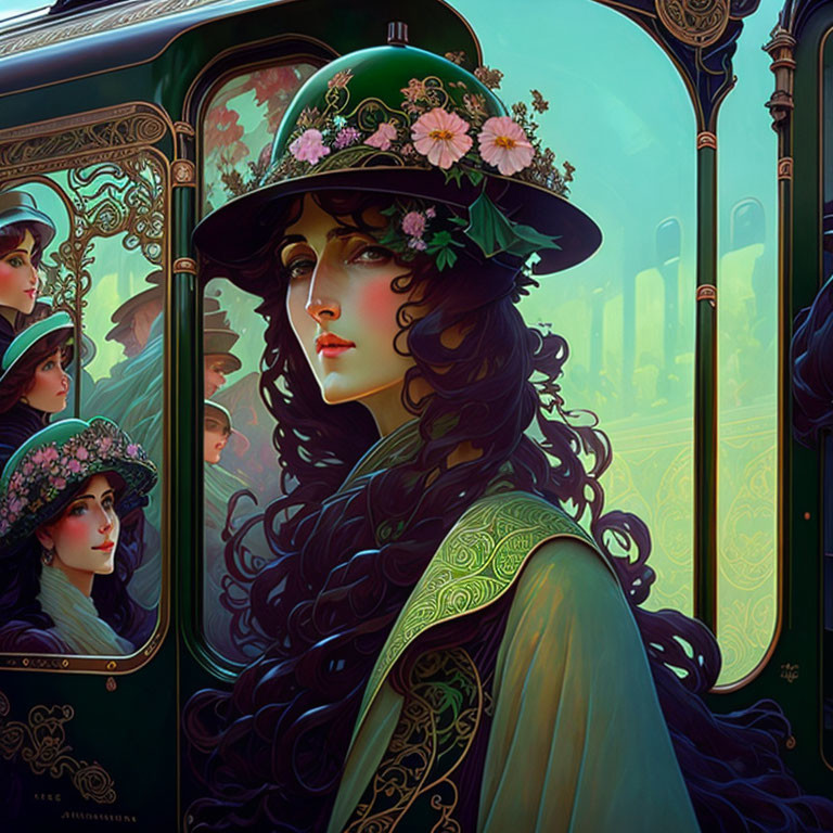 Woman in green attire and floral hat gazes pensively with reflections in carriage window