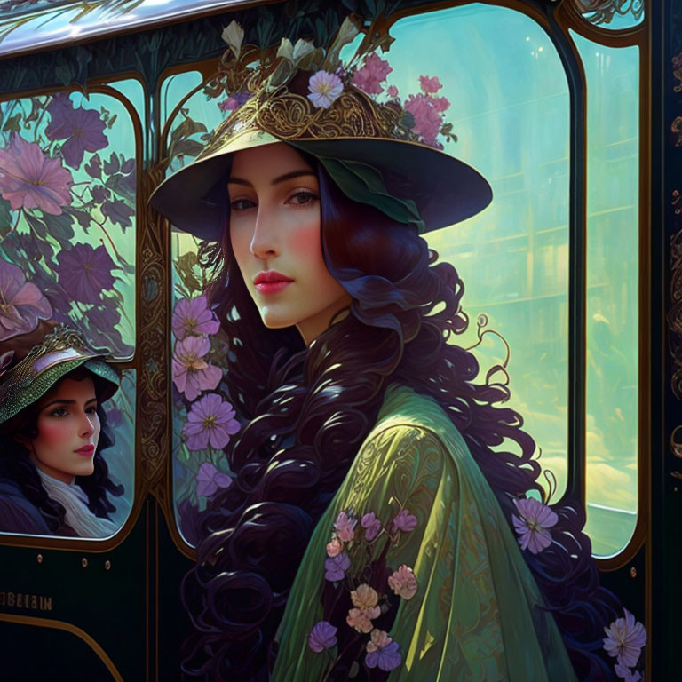 Woman with long hair and flowers wearing wide-brimmed hat next to ornate carriage.