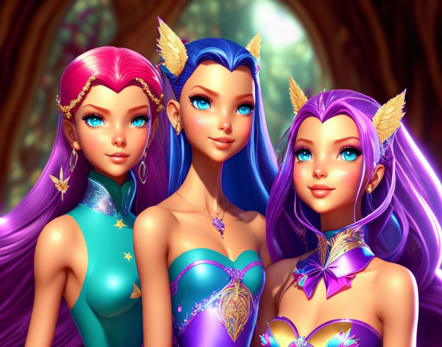 Colorful Animated Female Characters with Fantasy Outfits & Star Motifs