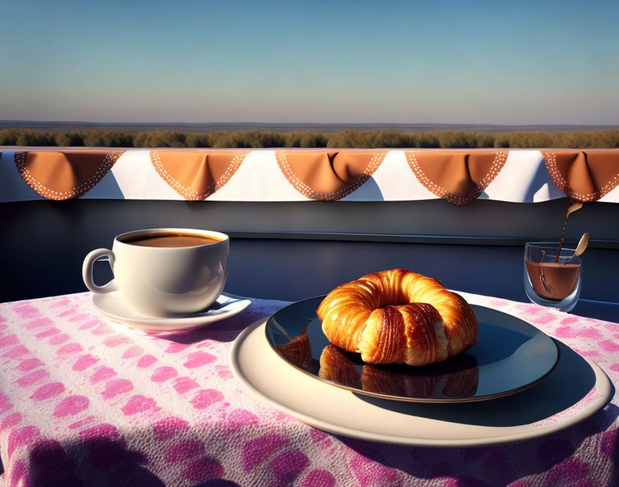 Coffee and croissant on plate with train window view landscape.