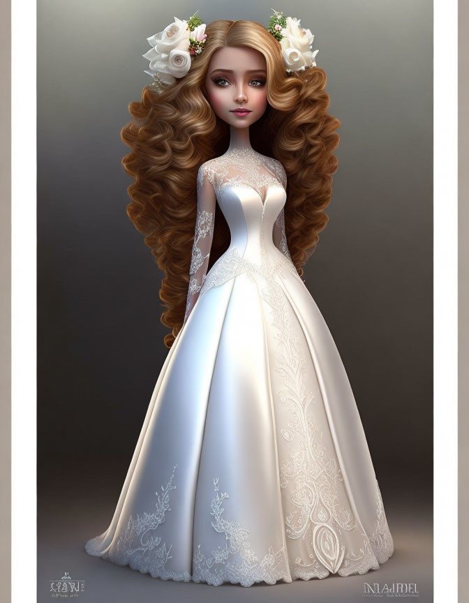 Detailed 3D illustration of woman with wavy hair in white floral wedding gown