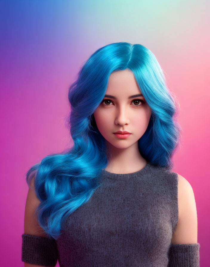Vibrant blue-haired woman on pink and blue gradient background