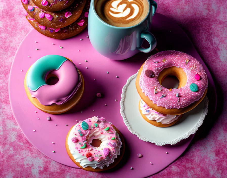 Vibrant donuts and latte art on pink surface with magenta backdrop