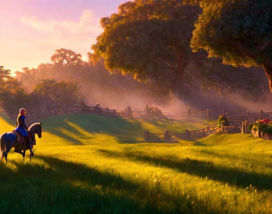 Tranquil horse rider in lush meadow at sunrise or sunset