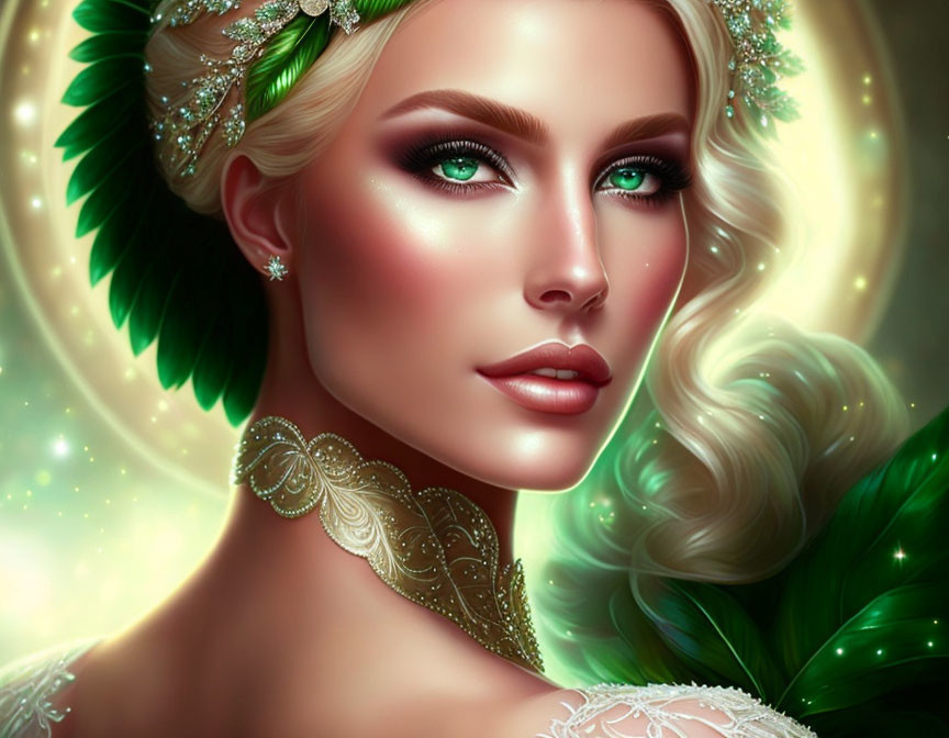 Portrait of a Woman with Striking Green Eyes and Leaf Accessories