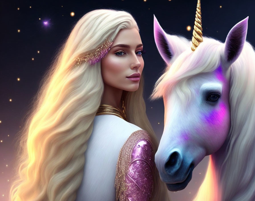 Blonde woman with tiara and unicorn under starry sky