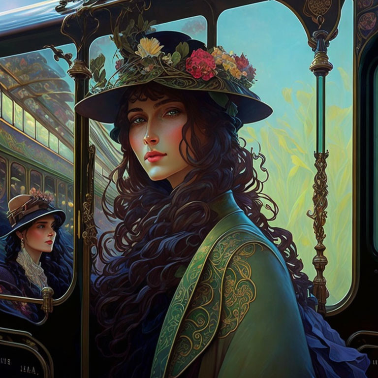 Portrait of woman in vintage hat with flowers and long curly hair on train with reflection.